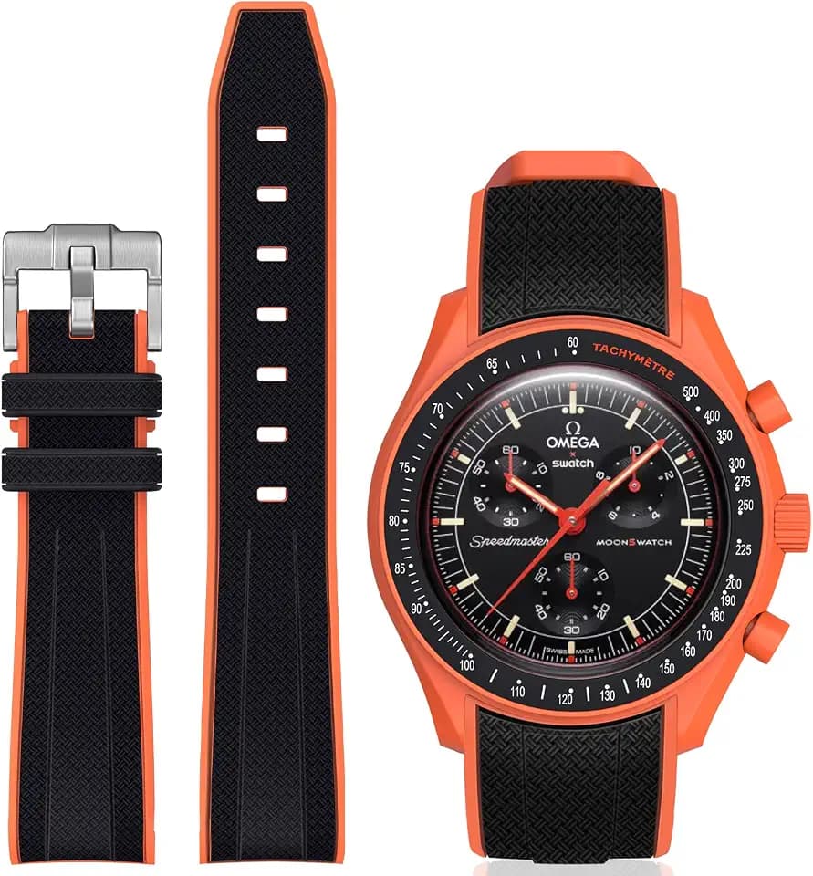 Stanchev Bands for Moonswatch Watch,Curved No Gap Soft Silicone Strap for Omega X Swatch Speedmaster 20mm Watch,Swatch Omega Moonswatch Speedmaster Replacement Strap Men Women (Black&Orange)