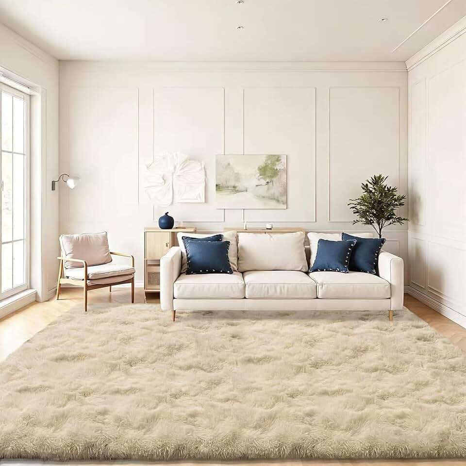 Hochflor Wohnzimmer Teppich, Flauschig Waschbar rutschfest Moderne Teppiche Groß für Schlafzimmer Büro Esszimmer Kinderzimmer Spielzimmer, 200x290 cm, Beige