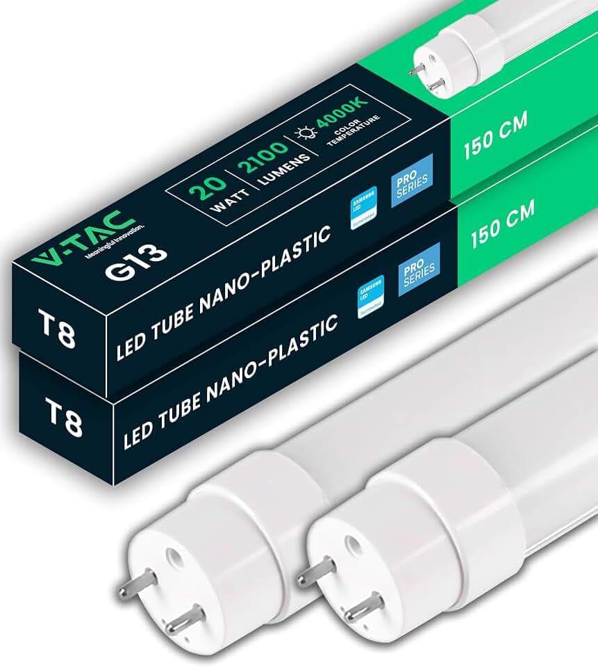 V-TAC 2x LED Röhre 150 CM - T8-20W - 2100 Lumen - Samsung Chip - G13-Fassung - LED-Röhren für Decke, Wand, Garage, Geschäft - T8 Röhre - Ersatz für Neonröhren - Licht 6500K Kaltweiß