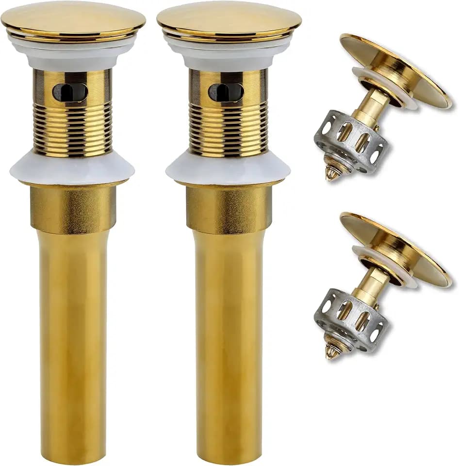 Rockgoya Bathroom Sink Drain, 2 Pack Gold Drain Stopper Bathroom Sink with Overflow, Pop Up Drain Assembly with Detachable Strainer Basket, Built-in Anti-Clogging Strainer,Stainless Steel