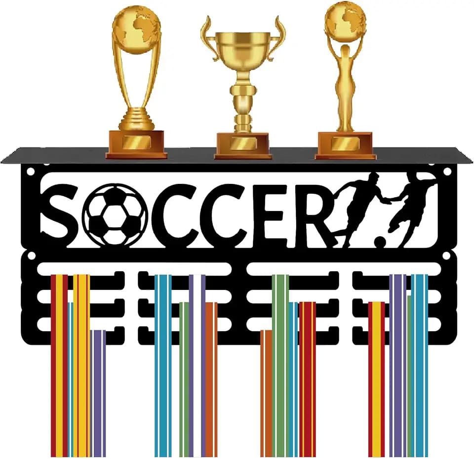 CREATCABIN Soccer Medal Hangers Display with Shelf Football Medal Holder Trophy Shelf Stand Small Sports 4 Rows Wall Mount Hold 70+ Medals for Men Soccer Running Swimming Awards Rack 11.4 x 5.1 Inch