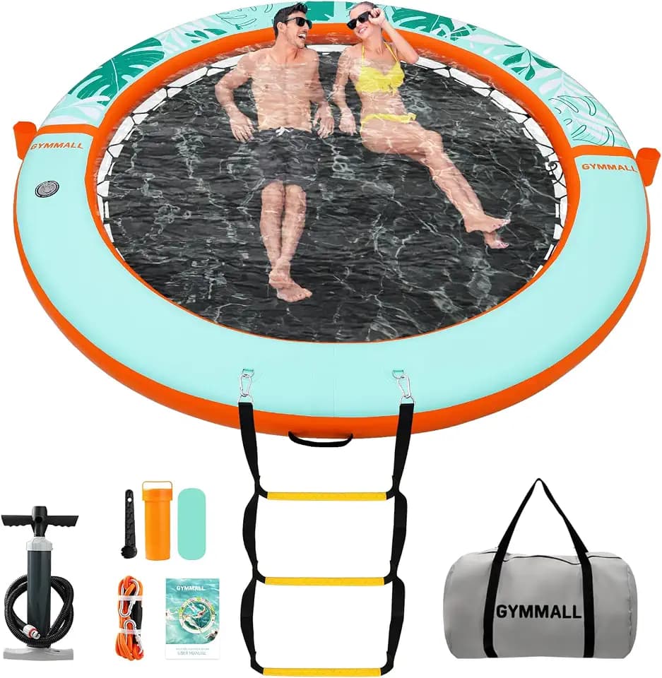 Inflatable Water Hammock Floating Dock 8 FT with Mesh, Tanning Pool Raft Round Ring for Adults, Float Platform for Lake and Beach with Water Ladder and Cup Holder