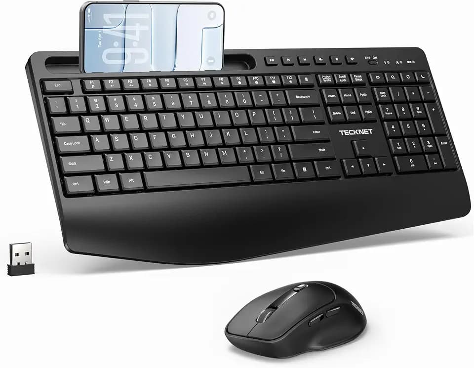 TECKNET Wireless Keyboard and Mouse Combo, Full Size Ergonomic Keyboard and Mouse with Wrist Rest & Phone Tablet Holder, Sleep Mode, 2.4G Lag-Free Cordless Silent Computer Mouse for Laptop PC Windows