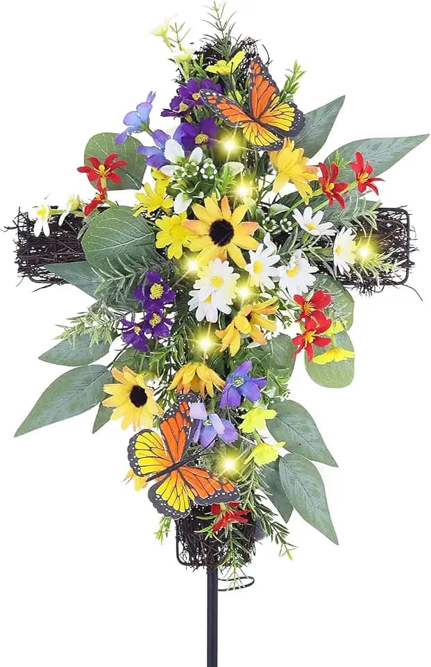Solar Cross Stake Outdoor, Solar Powered Decorative Cross Garden Stake with Warm Glow, Waterproof Cross Yard Decor for Garden Pathway Cemetery Grave Memorial Easter Christmas Decorations (Multicolor)