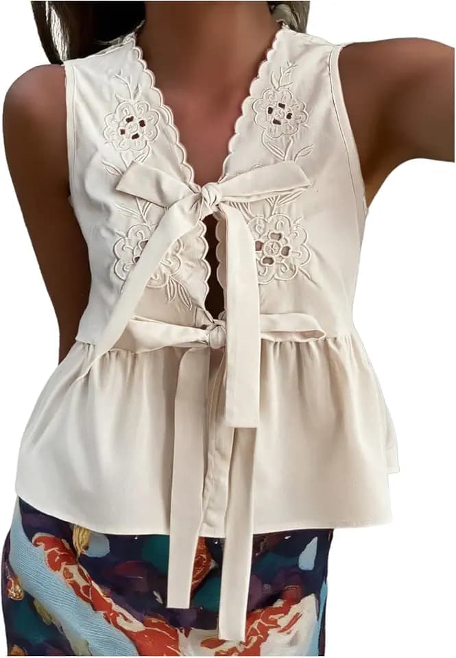 WDIRARA Women's Bow Tie Front Blouse V Neck Sleeveless Shirt Eyelet Embroidery Ruffle Peplum Tops