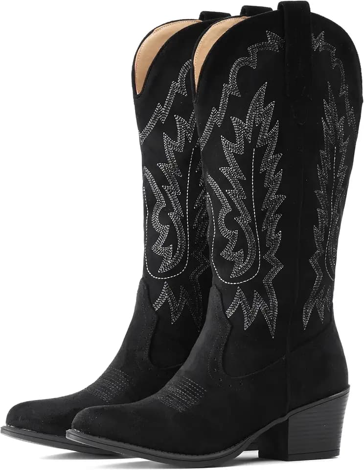 IUV Suede Cowboy Boots For Women Chunky Heel Pointed Toe Cowgirl Boots