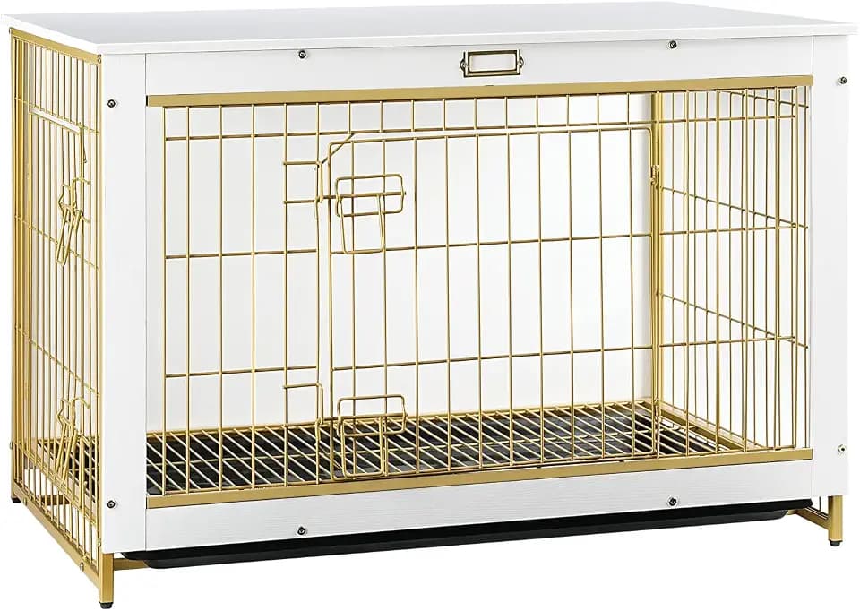 HOOBRO Dog Crate Furniture, 38.6" Large Dog Kennel Indoor, Wooden Cage with Pull-Out Tray, Double Doors Pet House Side End Table for Large/Medium/Small Dogs, White DW982GW03