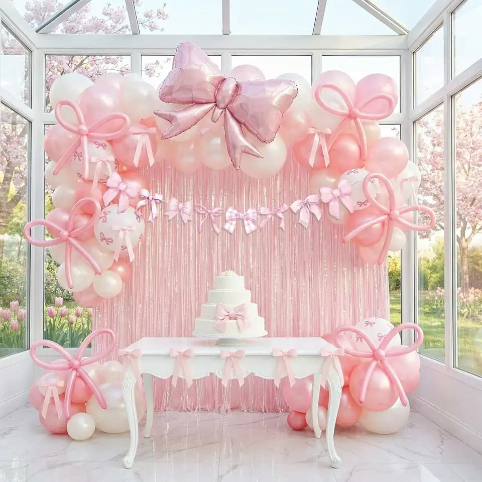 Pink White Bow Birthday Decorations for Adults and Women with Pearl Pink and Big Bow Shape mylar Balloons Ribbon Bow and Banner Pearl Fringe Curtains Backdrop for Bow Coquette party Supplies