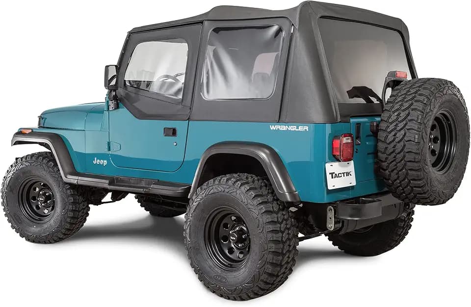 TACTIK Fabric Only Replacement Soft Top - Fits Jeep Wrangler 1988-1995 YJ - Custom-Fit Fabric Roof with Removable Side and Back Window (With Door Skins, Black Diamond)
