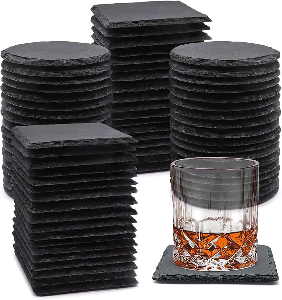 VIBRATITE 72 Pack 4 Inch Square & Round Black Slate Drink Coasters