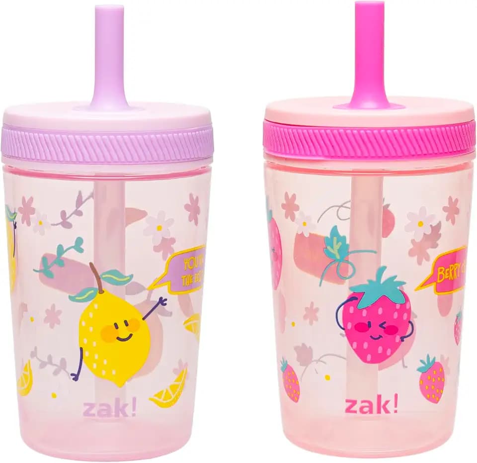Zak Designs Kelso Toddler Cups For Travel or At Home, 15oz 2-Pack Durable Plastic Sippy Cups With Leak-Proof Design is Perfect For Kids (Sweet Berry, Lemon Zest)