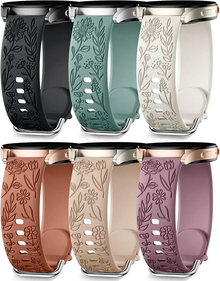 SNBLK 6 Pack Floral Engraved Bands Compatible with Samsung Galaxy Watch 7 Band 6 5 4 Active 2 FE 40mm 44mm/Watch 6/4 Classic/5 Pro/3, 20mm Cute Flower Silicone Sport Strap for Samsung Watch Bands Women