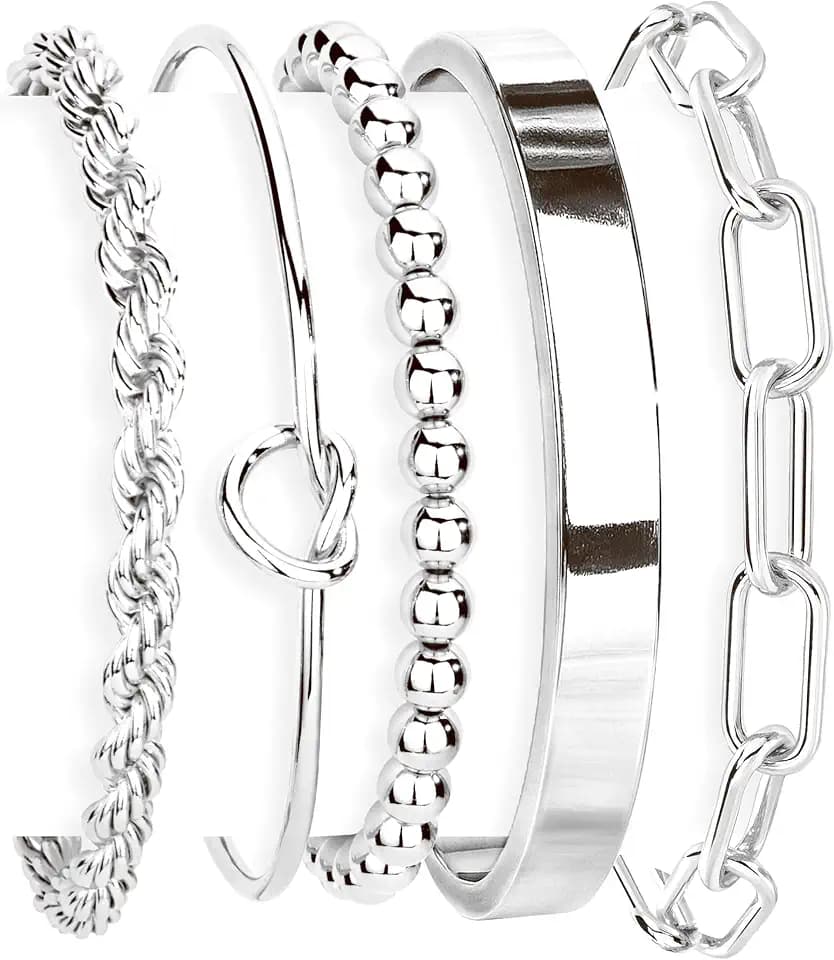 Gokeey Gold Bracelets Set for Women Non Tarnish, Waterproof 14K Gold Plated Sterling Silver Chunky Cuff Bracelet Stackable Gold Bangles Bracelet for Women Trendy Fashion Accessories Tie Knot Cuban Rope Paperclip Beaded Bracelet Stack Jewelry Mothers Day Gifts for Mom Birthday