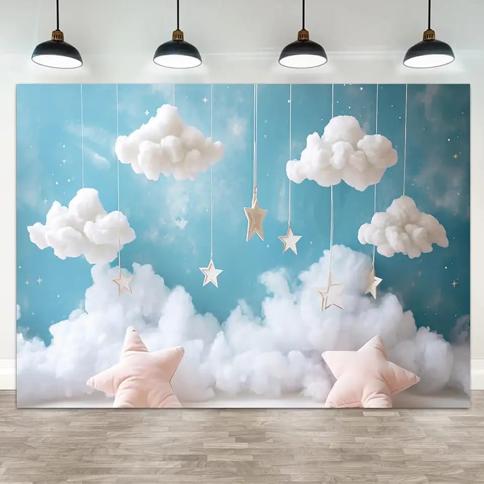 6x4ft Cloud Backdrop Sky Starry Star White Blue Photography Background Baby Shower Banner Baby Birthday Party Decoration Newborn Photoshoot Prop Cake Smash Photo Booth Prop