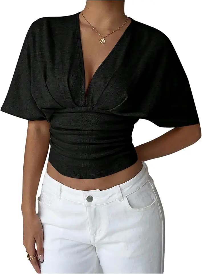 MakeMeChic Women's Deep V Neck Tops Cinched Waist Going Out Tops