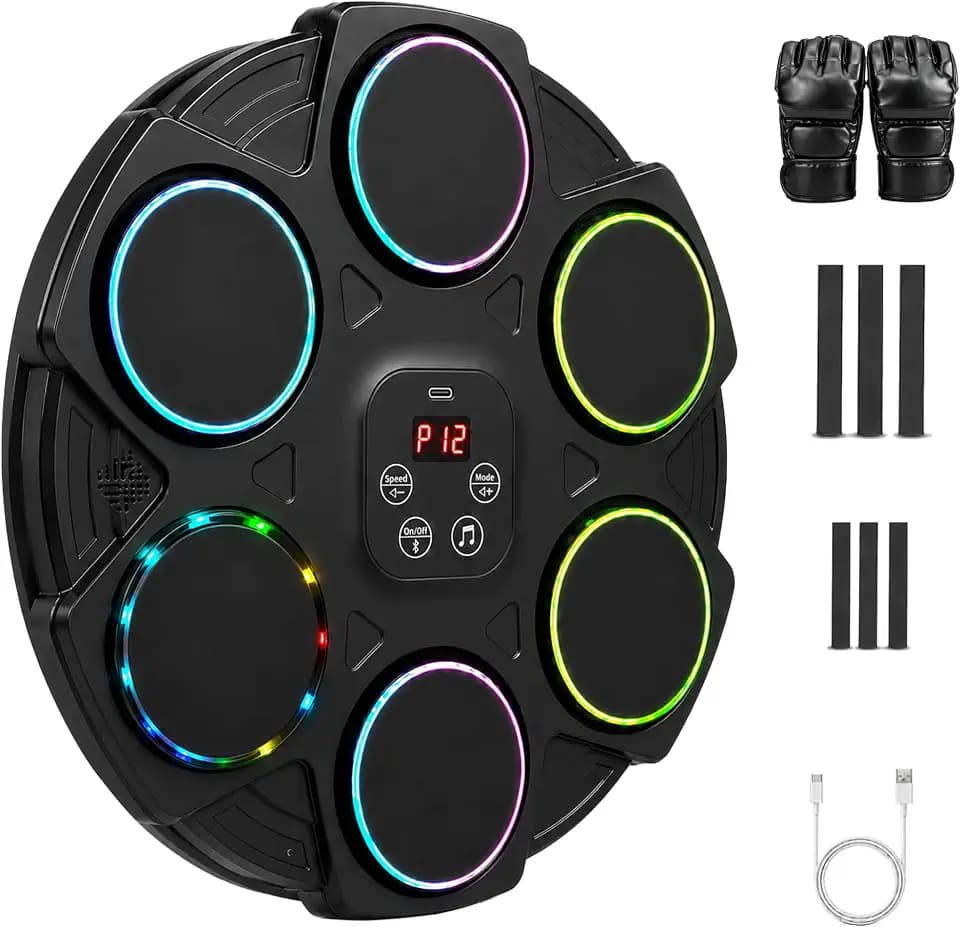 Music Boxing Machine, 6-Target Wall Mounted Boxing Trainer, RGB Light, Rechargeable Punching Machine for Home Fitness & Reaction Training, 12 Speed & 12 Mode Settings