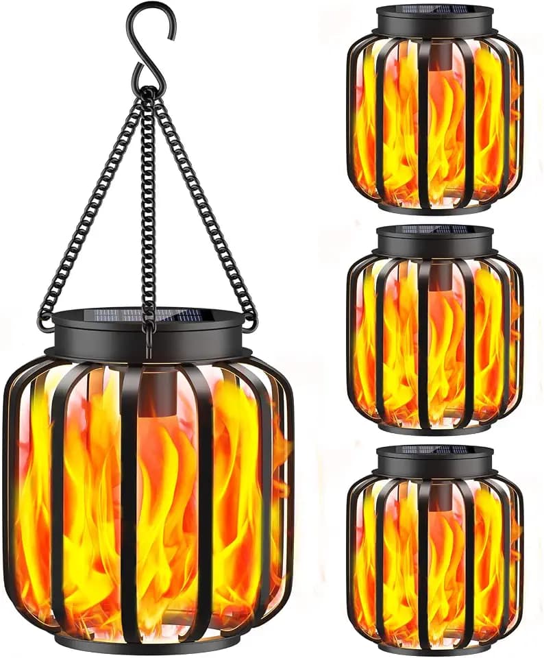 TomCare Solar Lights Outdoor 4 Pack Flickering Flame Metal Hanging Lanterns