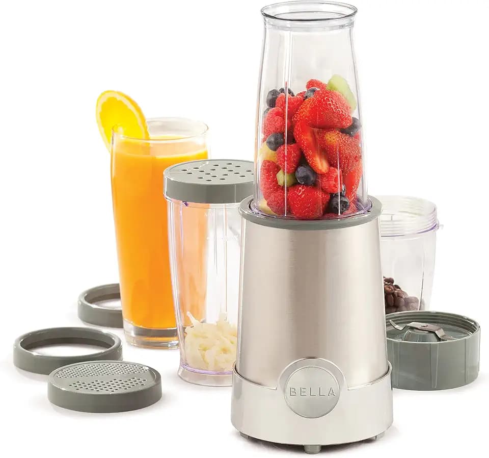 bella Raketenmixer in persönlicher Größe, perfekt für Smoothies, Shakes und gesunde Getränke, leicht zu mahlen, Basis mit 285-W-Motor, 12-teiliges Mixer-Set, Edelstahl