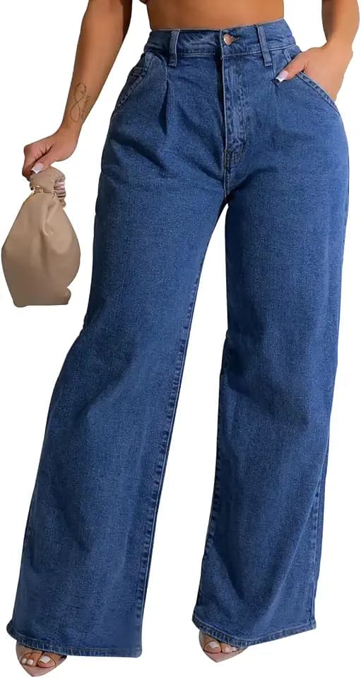 FairBeauty Women's Baggy Wide Straight Leg High Waist Denim Jeans