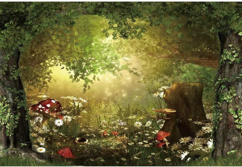 Fairy Tale Forest Wonderland Backdrops for Photography Vinyl 7x5ft Green Trees Wildflowers Daisy Mushroom Scenery Photo Background Portrait Kid Boy Girl Photoshoot Studio Prop Party Decor