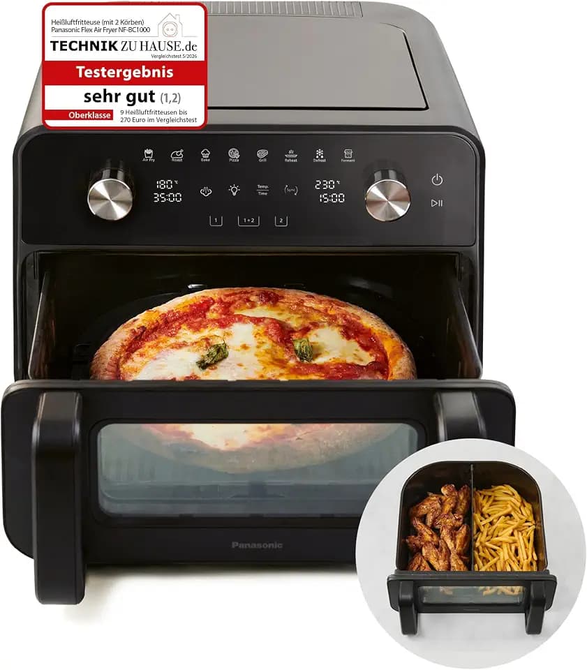 Panasonic NF-BC1000 Flex Air Fryer mit Sichtfenster, XL Flexibler Garkorb, Herausnehmbarer Trennsteg für 2 Garzonen, 9,6 Liter, 30–230 °C, Schondampf, 8 Voreinstellungen, leicht zu reinigen, Schwarz