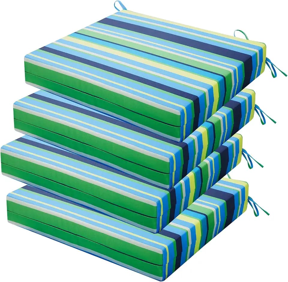 Outdoor Chair Cushions Set of 4, 18.5 x 16 Inch Patio Chair Cushions, Water Resistant, Non-Slip Ties (Blue & Green Pinstripe)