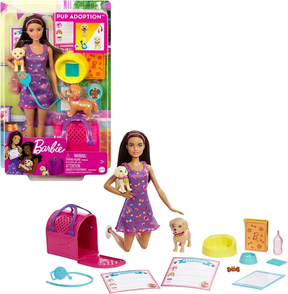 Barbie Welpenadoption - Puppe und 2 Welpen sogar mit Adoptionszertifikate, Farbwechseleffekt, Transportbox und Zubehör, für Kinder ab 3 Jahren, HKD86