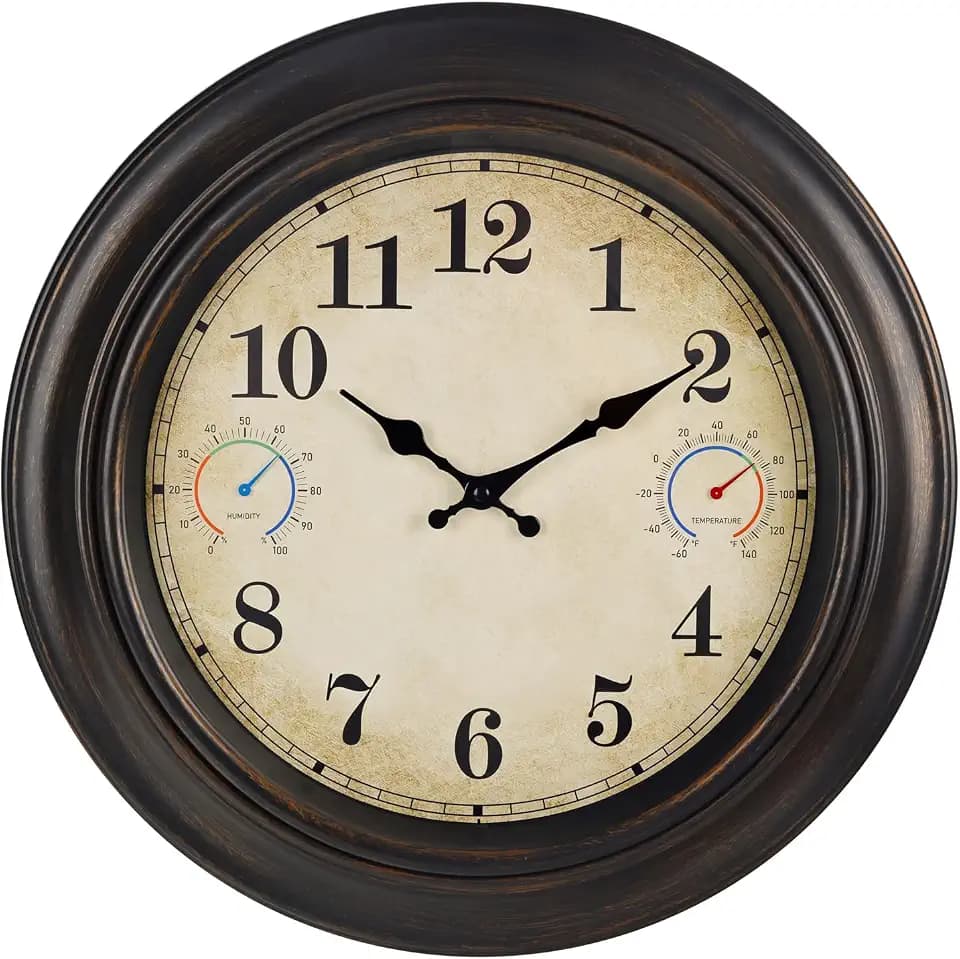 18" Indoor Outdoor Vintage Wall Clock Battery Operated Silent, Bronze