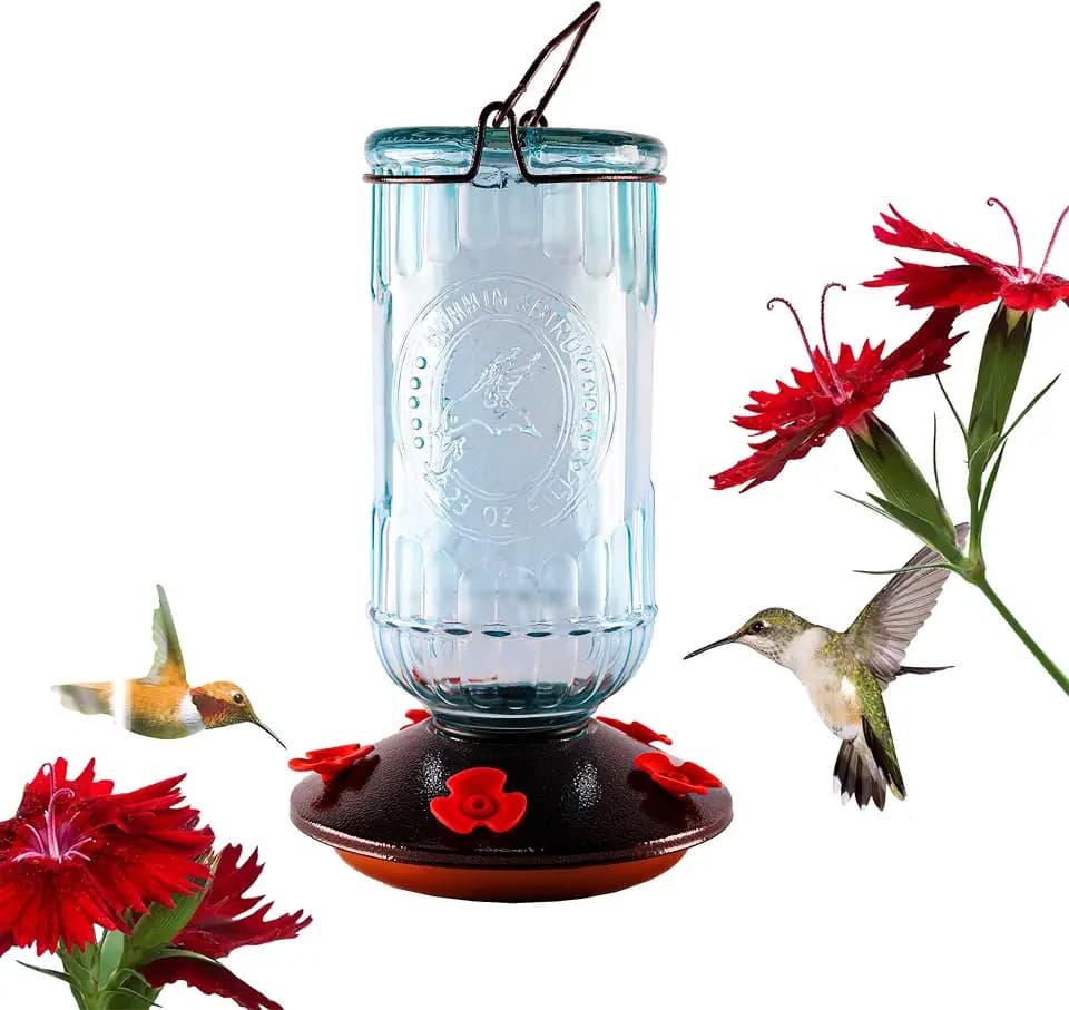 Nature's Rhythm Bird Feeder Vintage Blue Antique Glass Bottle Hummingbird Feeder 5 Feeding Ports and 23-Ounce Nectar CapacityPer Feeder(Blue)