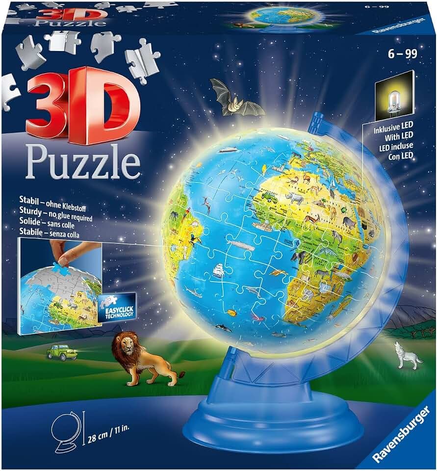 Ravensburger — Pädagogisches 3D-Kugelpuzzle — beleuchtete Erdkugel — ab 6 Jahren — 180 nummerierte Teile zum Zusammenbauen ohne Klebstoff — inklusive rotierender und leuchtender Halterung — 11289