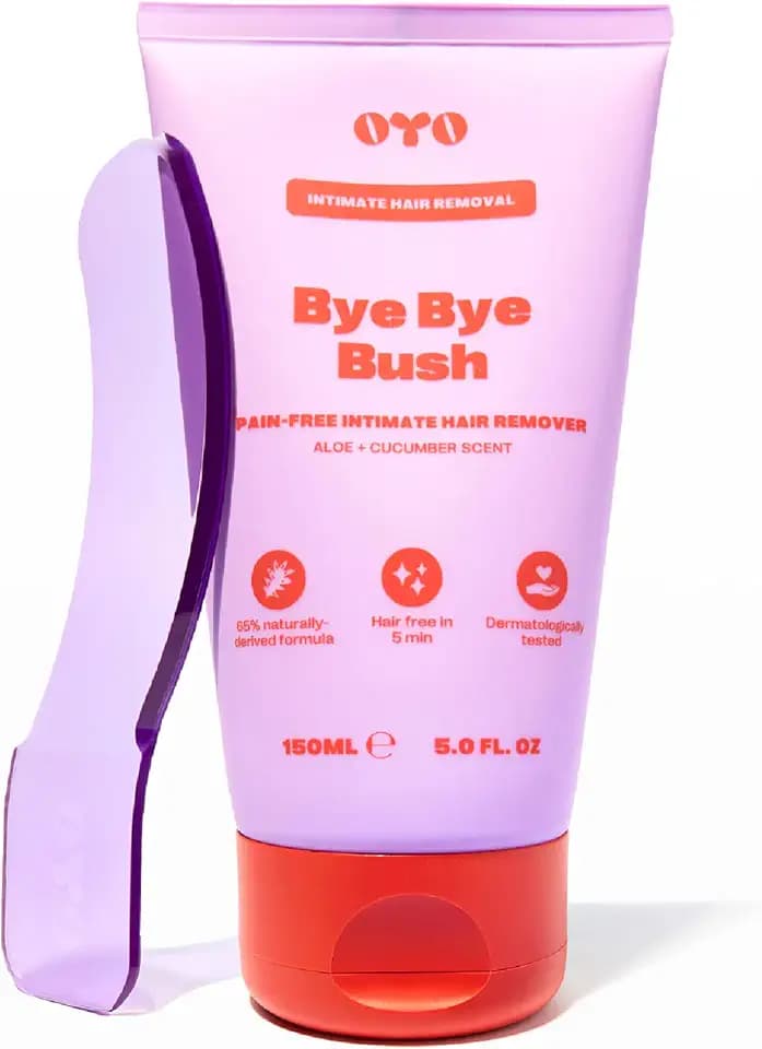 OYO Bye Bye Bush Pubic Hair Removal Cream for Women, Private Area, Bikini Hair Removal for Women, Inner Thighs & Underarms, Sensitive Skin Depilatory Cream, Aloe & Cucumber, 5 fl oz