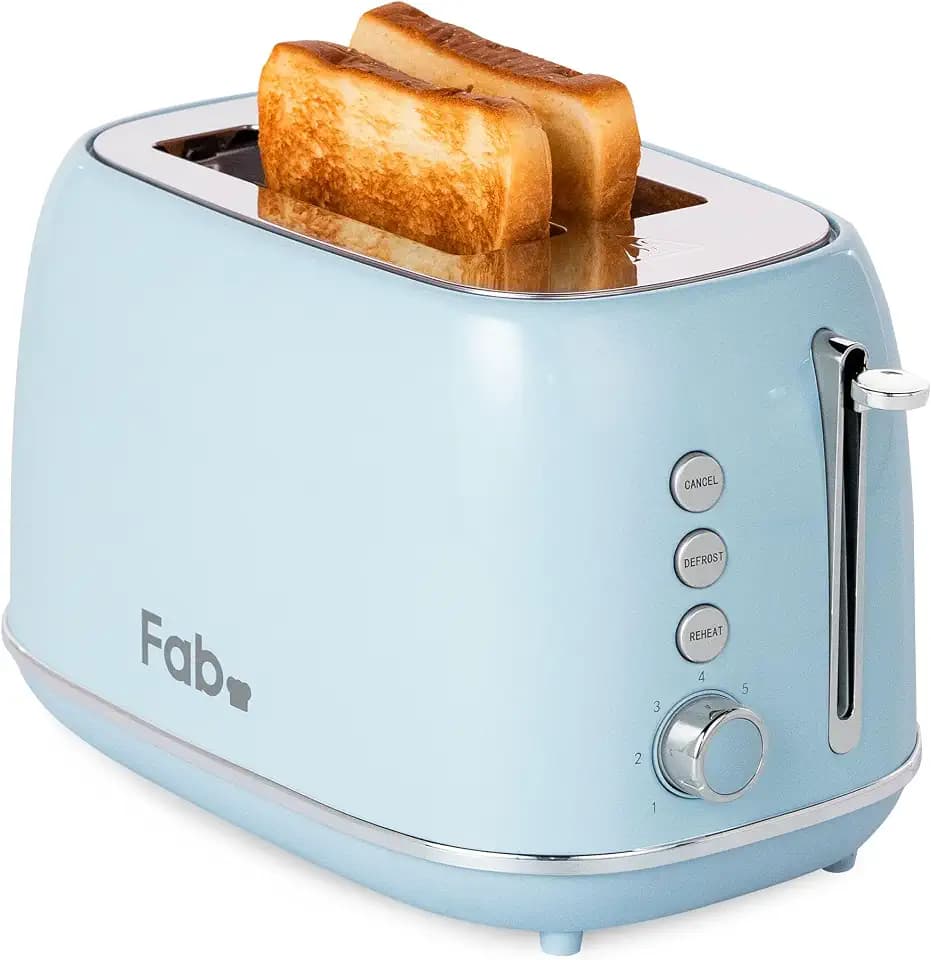 Fab by Kitchen in the box Toaster 2 Scheiben, Retro Toaster aus Edelstahl mit breiten Schlitzen und 7 Bräunungsstufen, Aufwärm- & Auftaufunktion,herausnehmbare Krümelschublade, Blau