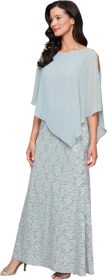 S.L. Fashions Women's Long Sequin Lace Beaded Capelet Overlay Mother of The Bride Dress, Formal Evening Gown