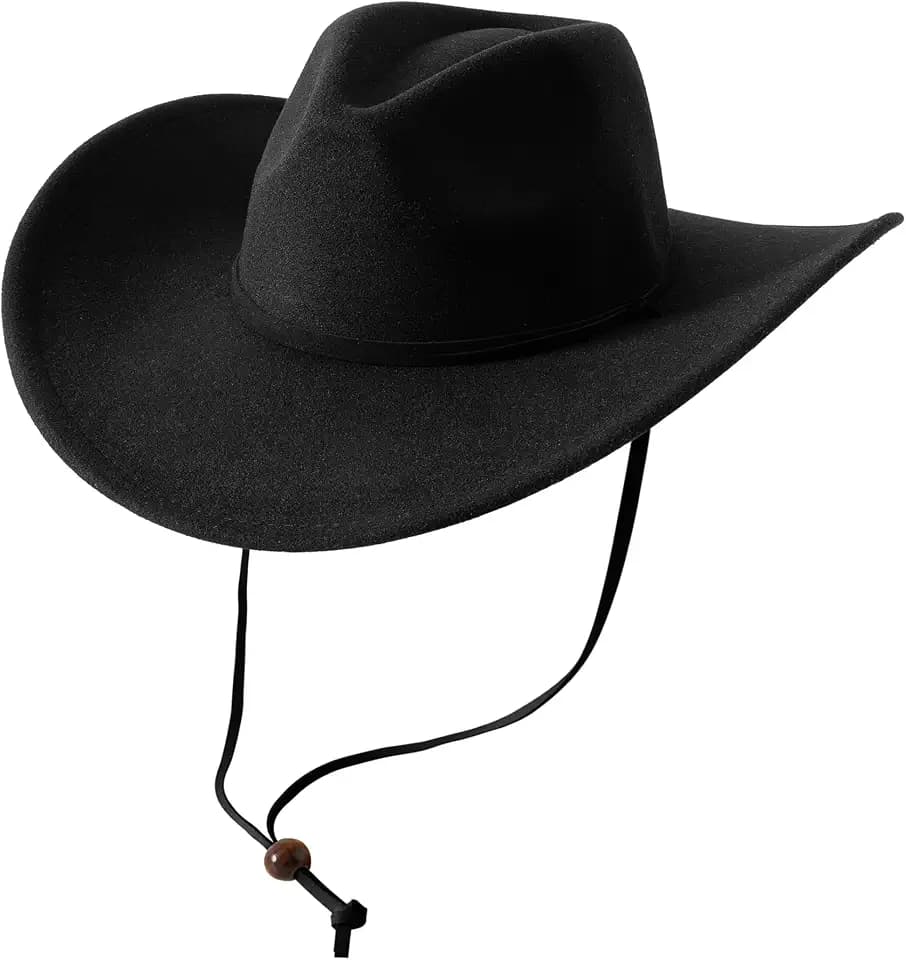 Lanzom Women Men Retro Felt Wide Brim Western Cowboy Cowgirl Hat Dress Up Hat with Wind Lanyard