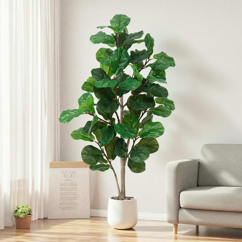 Kunstpflanze Fiddle Ficusbaum 150cm, Künstliche Pflanzen Groß mit Weißem Topf und Zierkieseln,Kunstpflanzen Wie Echt zur Dekoration von Büros, Wohnzimmern und Schlafzimmern