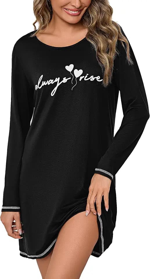 Bresdk Nachthemd Damen Langarm Winter Nachtwäsche Baumwolle Lang Printed Sleepshirt mit Rundhalsausschnitt und Lange Ärmel Weiche Loungewear