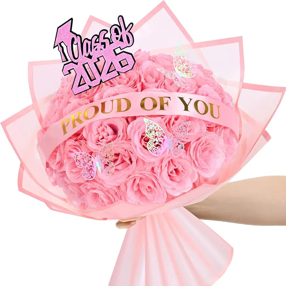 Waipfaru 2026 Graduation Gifts, Glitter Roses Bouquet, Graduation Gift for Her, DIY Fake Flowers Bouquet with Stand-Up Signs, 36 Light Pink Roses, for High School/College/Middle School Grads
