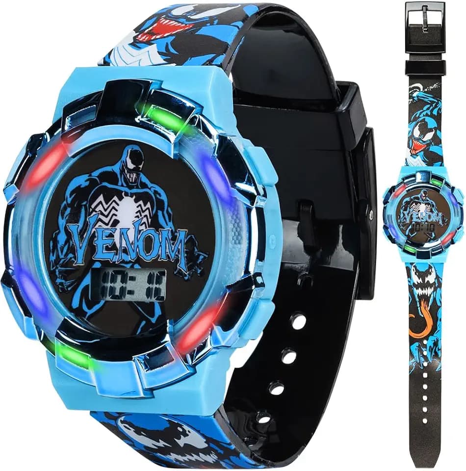 Marvel Venom Kids Watch – Light-Up Bezel with Rotating Lights, LCD Display, Easy-to-Read, Adjustable Plastic Strap – Perfect for Boys and Girls