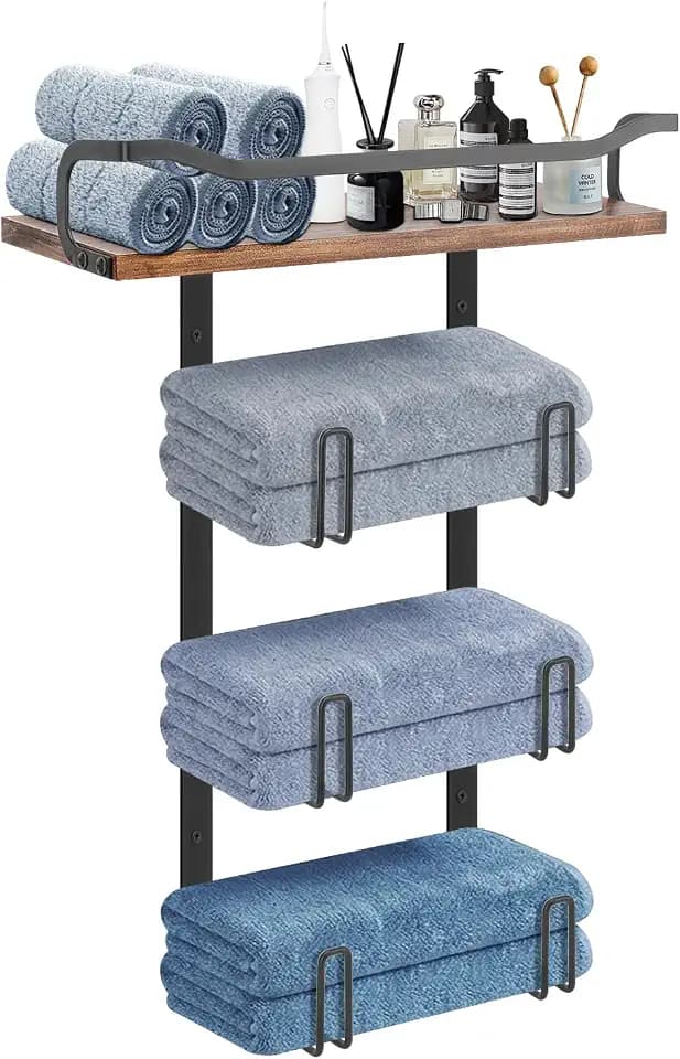 NearMoon Handtuchhalter mit Holzregal, Ganzmetall-Badetuchhalter, rostfreie Handtuchaufbewahrung, Badezimmer-Organizer für Handtücher, Waschlappen, große Handtücher, Wandmontage (1 Packung,
