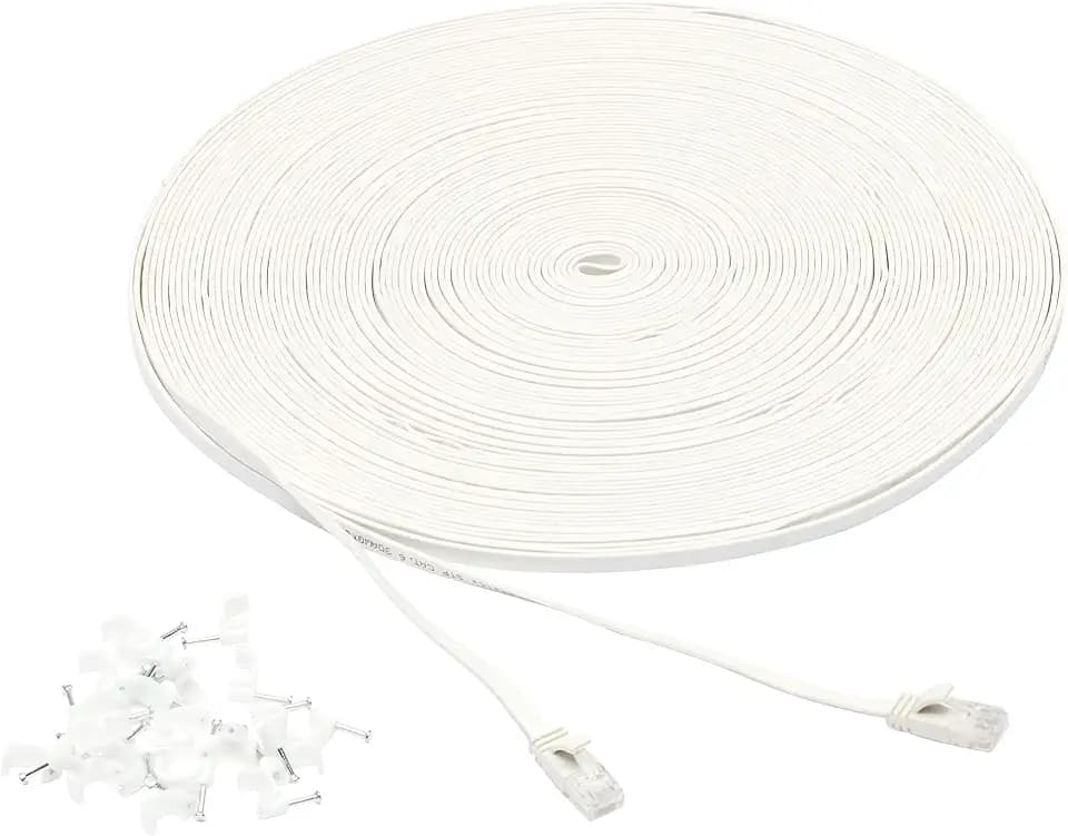 Amazon Basics Cat 6 Ethernet RJ45 10Gbps Flat Network Cable, 100ft Snagless with Gold-Plated Connectors, Outdoor & Indoor Solid Patch Cord with Clips for Router, Modem, Gaming, Computer, White
