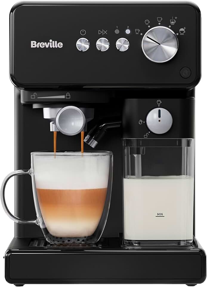Breville Prima Latte One-Touch Espressomaschine | Automatischer Milchaufschäumer | Kaffeemaschine für CappuccinoLatte & mehr | 15-Bar italienische Pumpe | Schwarz | VCF183X