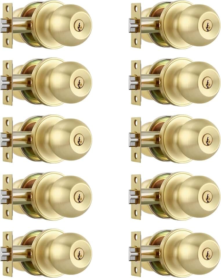 Leydebong 10 Pack Keyed Alike Door Knobs, Gold Door Handle with Lock and Key, Round Ball Door Knobs for Front Door/Bedroom