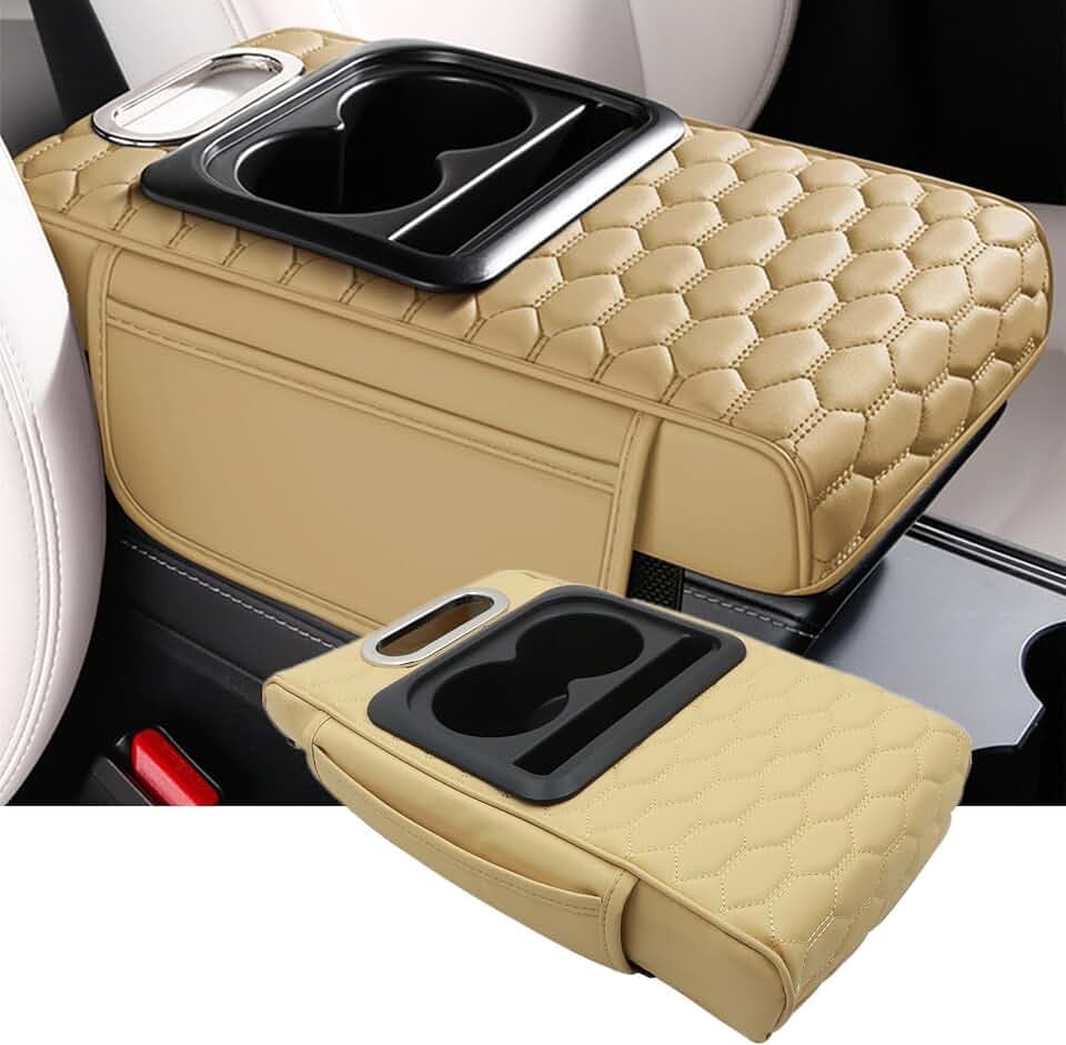 Priprilod Beige Car Center Console Armrest Pillow, Memory Foam with Cup Holder and Cell Phone Holder, Multifunctional Car Center Console Organizer, Universal Fit for Most Vehicles