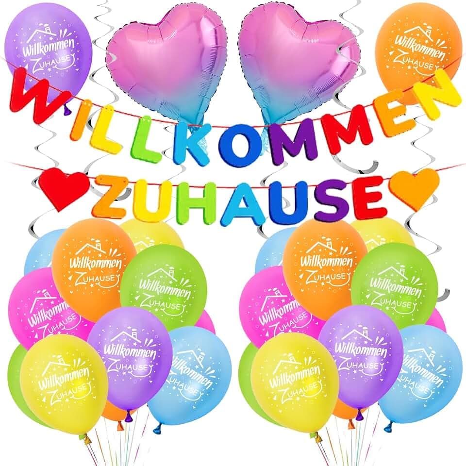 Willkommen Zuhause Deko Set – Herz Folienballons, Luftballons, Girlande, Hängende Wirbel - Ideal für Babyshower, Einweihung & Familienfeiern