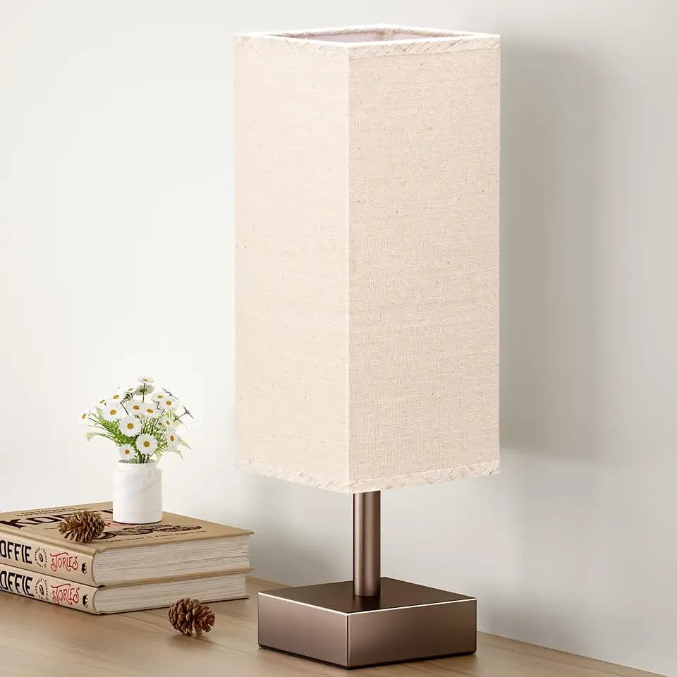 aooshine Browm Small Bedside Lamp for Bedroom - Square Beige Fabric Shade