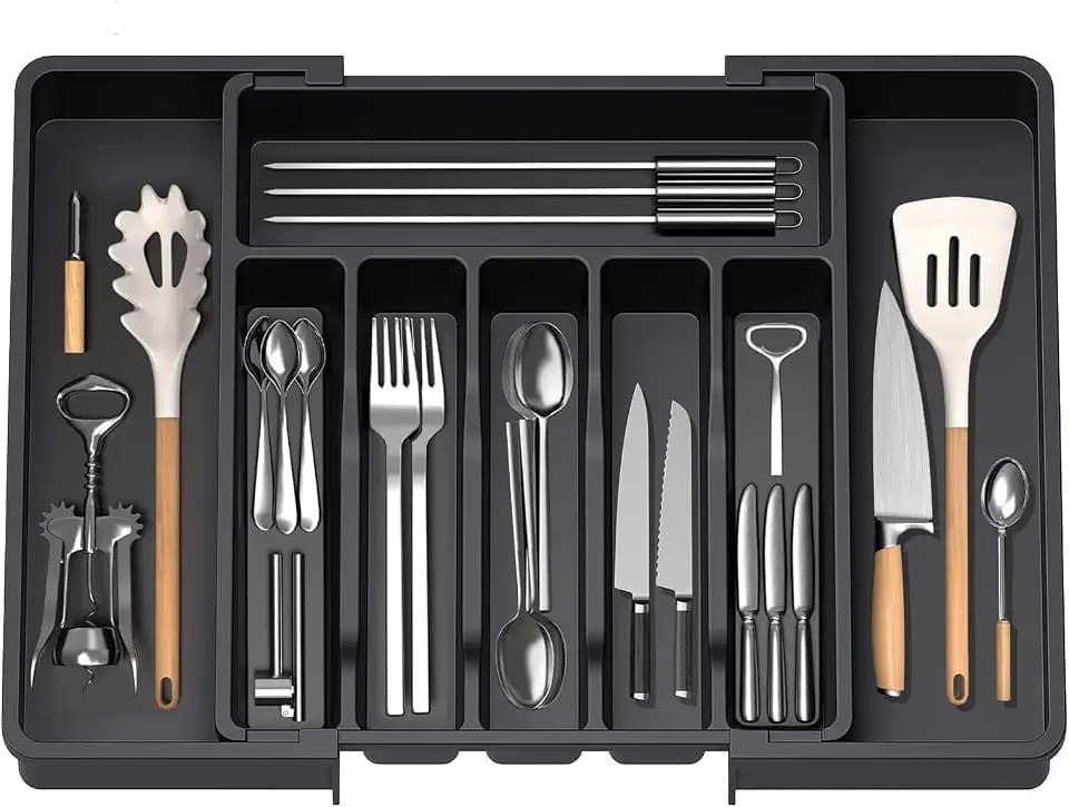 HIYAA Ausziehbares Utensilientablett für Schublade, Besteck, Schubladen-Organizer für die Küche, Aufbewahrungsständer aus Kunststoff für Besteck, Löffel, Gabeln usw, schwarz