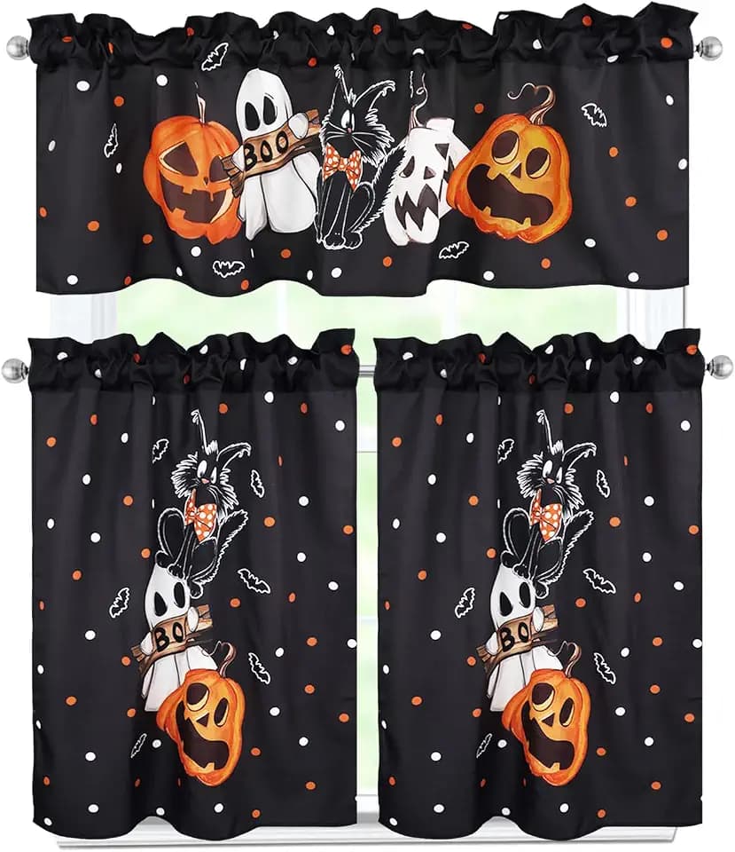 Halloween Kitchen Curtains 3 Piece Set Black Cat Ghost Pumpkin Curtains Valance & Tiers for Kitchen Home Indoor Cafe 36 Inch Short Window Curtain Over Sink Window Fall Farmhouse Halloween Decor
