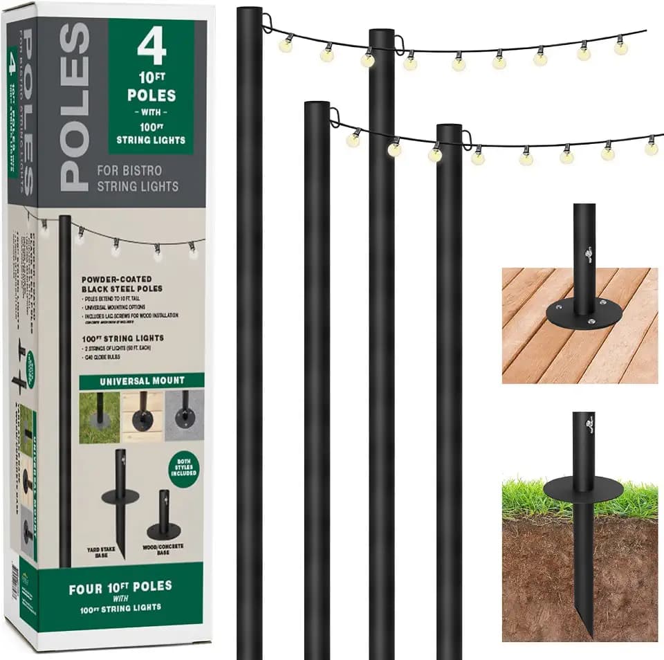 Excello 10-Foot String Light Poles, 100-Foot G40 LEDs, Deck/Yard, 4-Pack