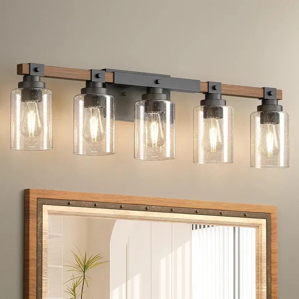 Amico 5-Light Farmhouse Bathroom Vanity Light, Seeded Glass, Black & Wood