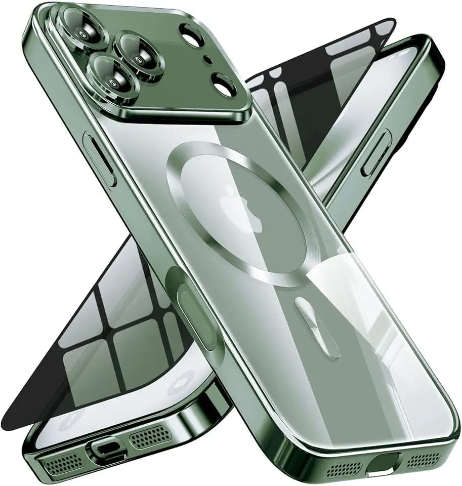 Magnetic for iPhone 17 Pro Max Case with Privacy Screen Protector & Full Camera Cover,[Non-Yellowing] Shockproof Clear Phone Case Compatible with MagSafe Women Girls for iPhone 17 ProMax,Dark green